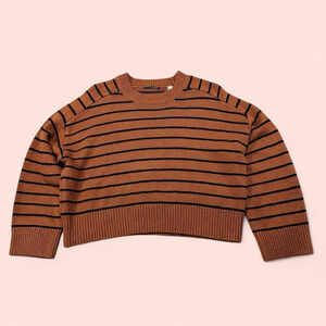 Tahari Striped Sweater Small Brown Black Crewneck Cropped Cozy Knit